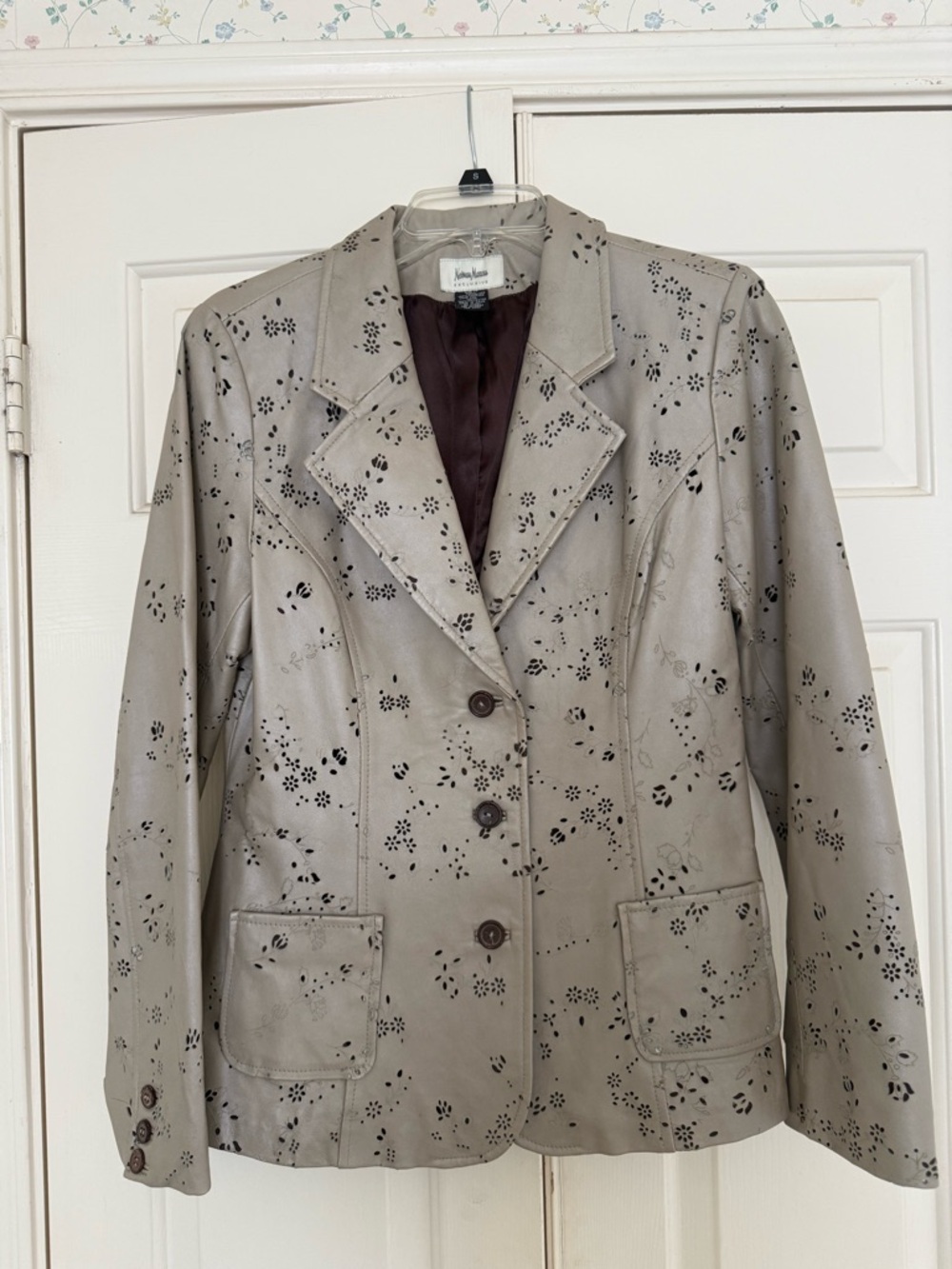 Neiman Marcus Taupe Laser-Cut Leather Blazer Jacket